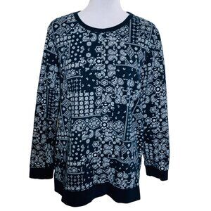 Lands End Serious Sweats Bandana Sweatshirt Sz L Navy French Terry Paisley Soft